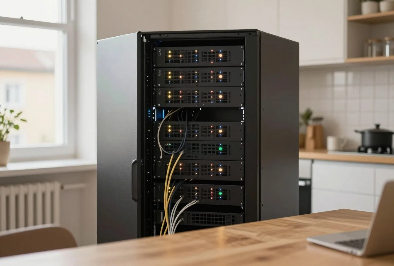 Ein kleiner Serverschrank mit leuchtenden Statuslämpchen in einem aufgeräumten, hellen Technikraum