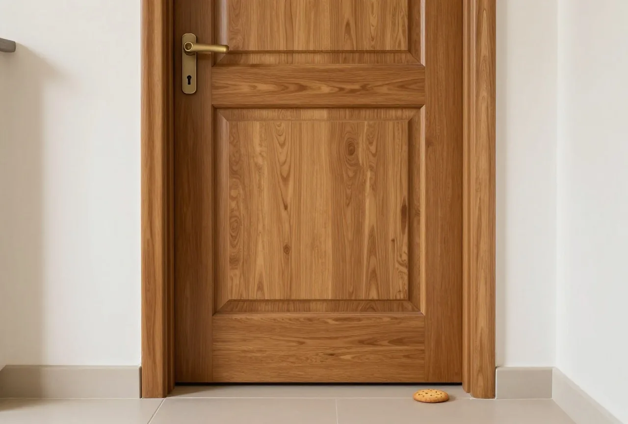 Eine geschlossene Holztür in einem hellen Flur, davor liegt ein einzelner runder Keks auf dem Boden