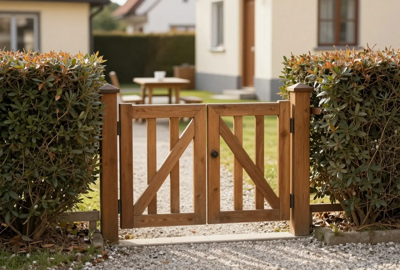 Ein halb geöffnetes Gartentor aus Holz in einer niedrigen Hecke, dahinter ein Kiesweg in der Morgensonne