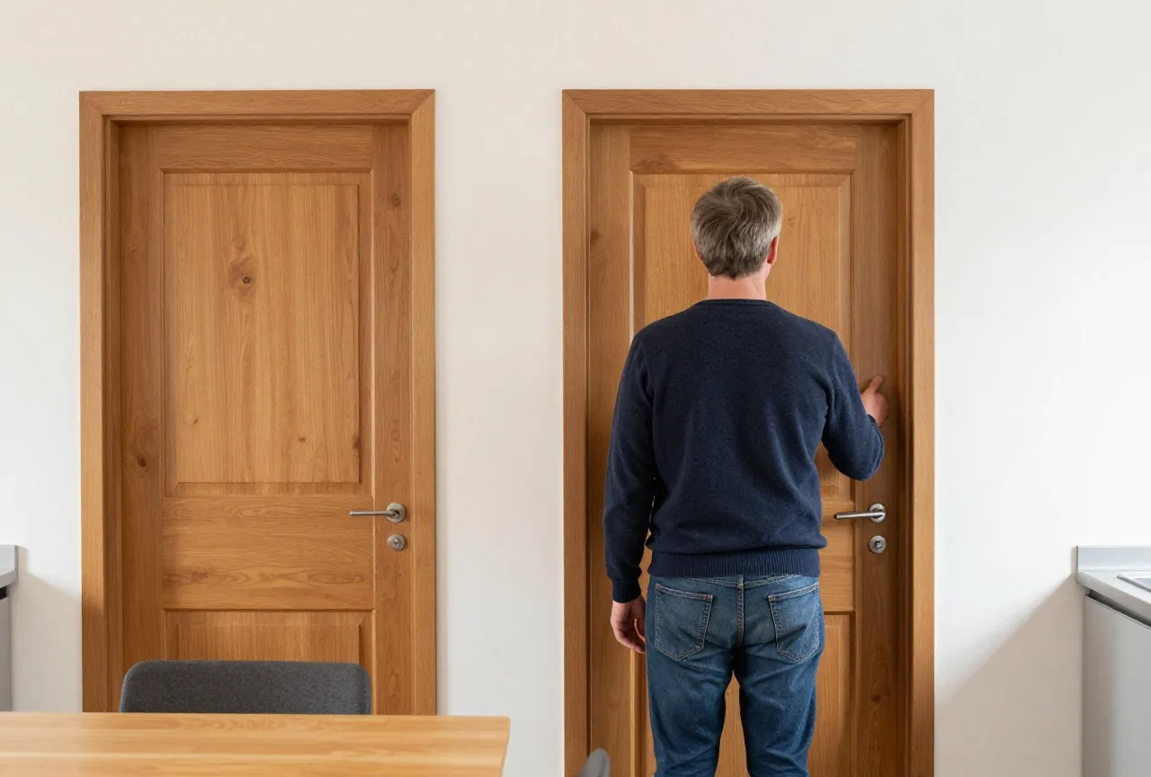 Ein Mann in den Fünfzigern steht von hinten gesehen vor zwei gleichen Holztüren in einem hellen Flur