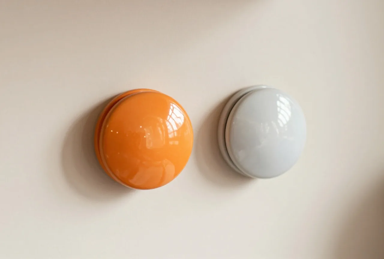 Zwei runde Taster nebeneinander an einer hellen Wand, einer kräftig orange, der andere blassgrau