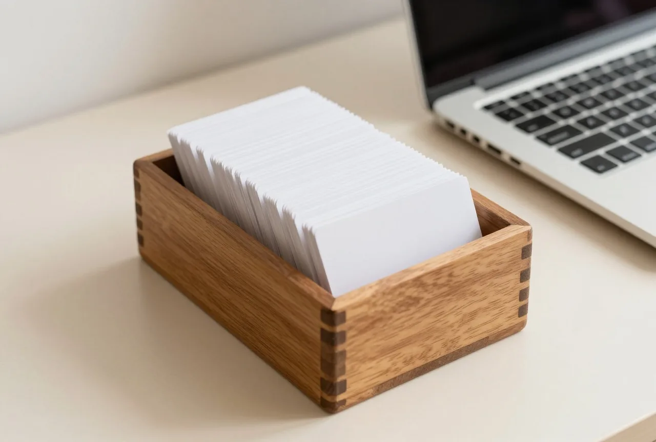Ein Karteikasten aus Holz mit sortierten leeren Karteikarten neben einem zugeklappten Laptop auf einem Schreibtisch