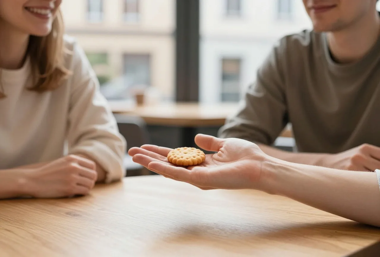 Eine Hand greift nach einem Keks, den eine andere Person auf der offenen Handfläche anbietet, Gesichter nicht im Bild