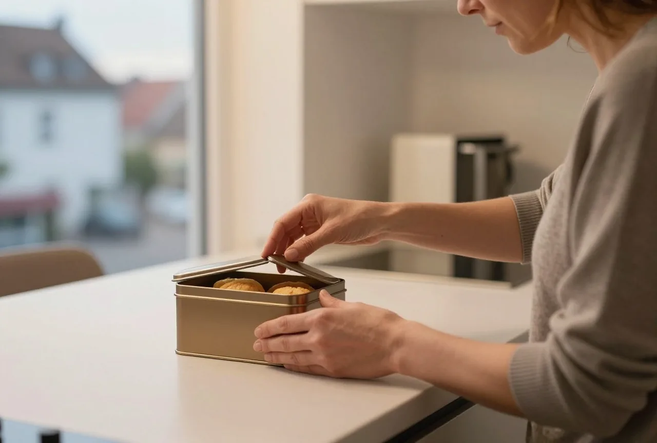 Eine Frau in den Vierzigern schließt in der Küche den Deckel einer Keksdose, seitlich im Abendlicht