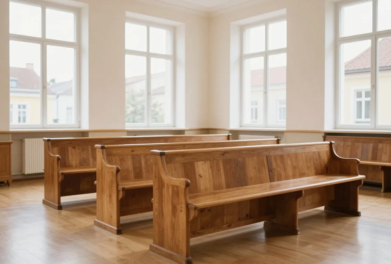 Leere Holzbänke in einem hellen Gerichtssaal mit hohen Fenstern, von hinten gesehen im Tageslicht