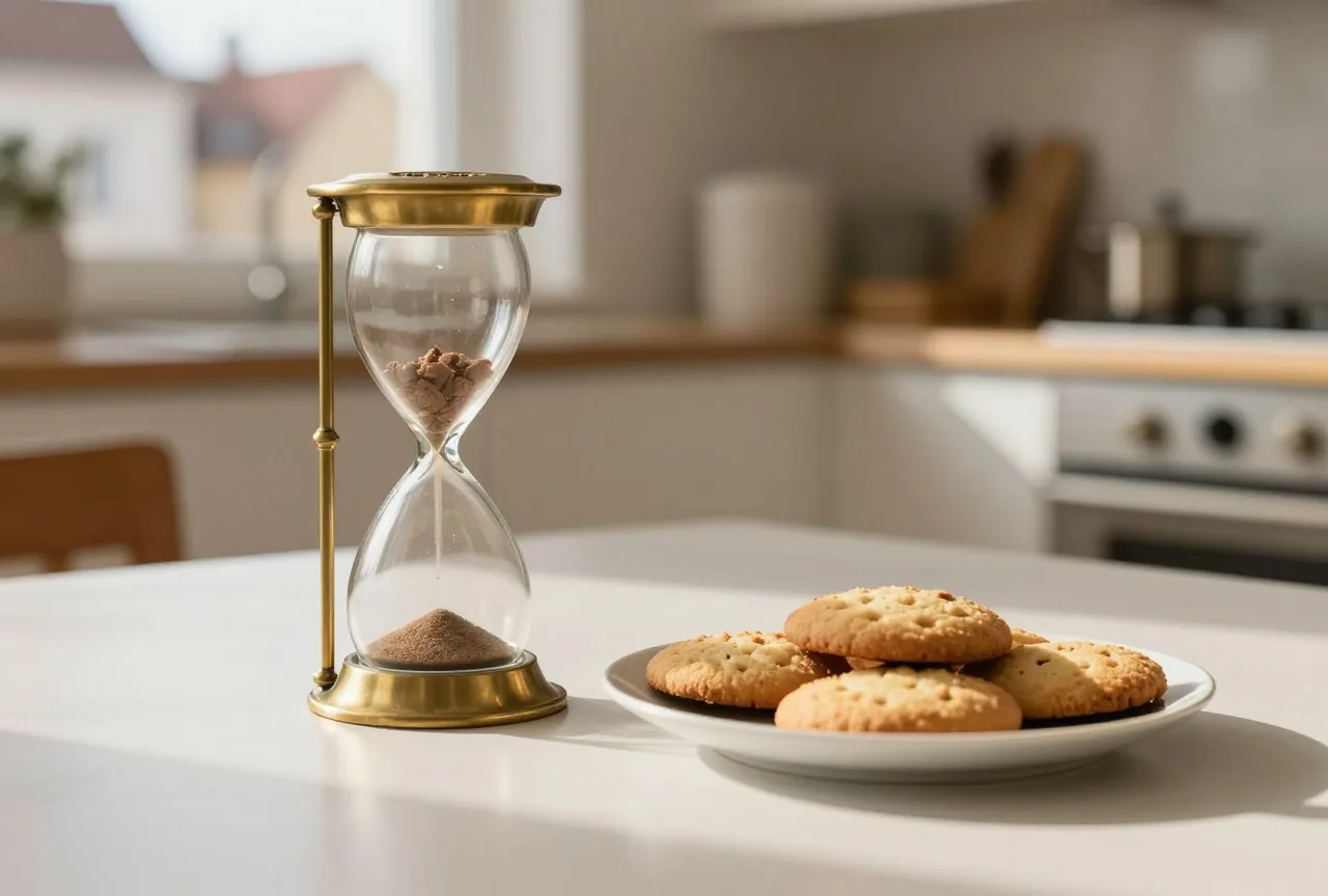 Eine Sanduhr aus Messing steht neben einem Teller mit runden Keksen auf einem Küchentisch