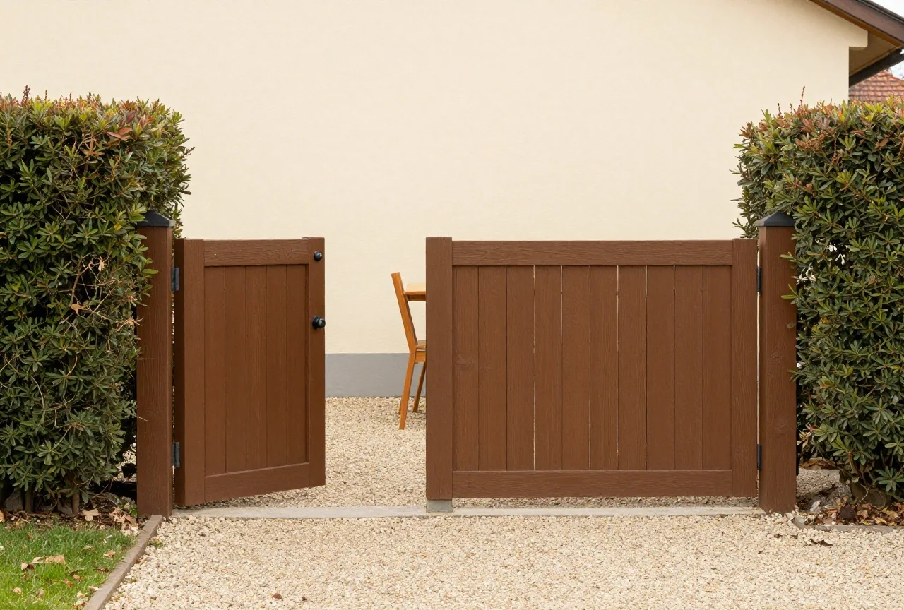 Zwei Gartentore in einer niedrigen Hecke, eines offen, eines geschlossen, dazu zwei Kieswege