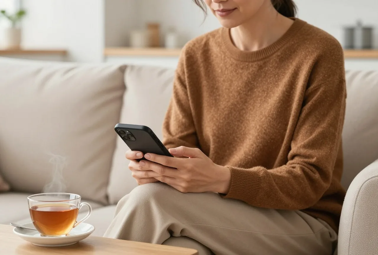 Eine Frau in den Vierzigern sitzt mit dem Smartphone auf dem Knie und einer Tasse Tee auf dem Sofa