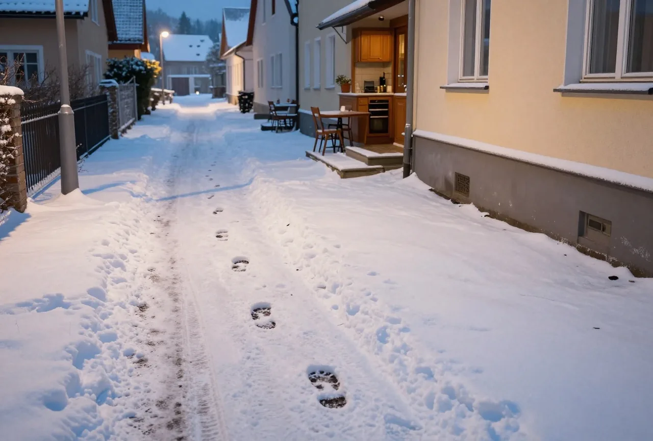 Fußspuren im frischen Schnee führen an mehreren Hauseingängen einer ruhigen Straße vorbei