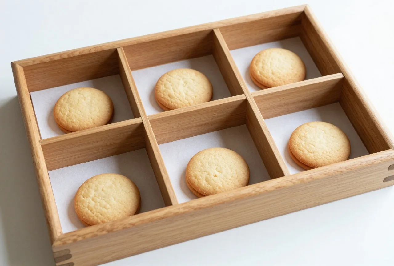 Ein Holztablett mit getrennten Fächern, in jedem Fach liegen einige runde Kekse, von oben gesehen