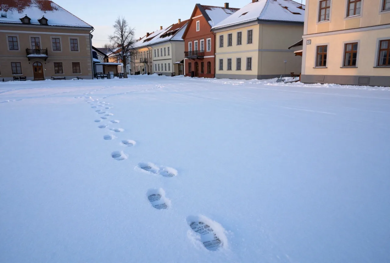 Fußspuren im frischen Schnee führen im Morgengrauen über einen leeren Platz in einer kleinen Stadt