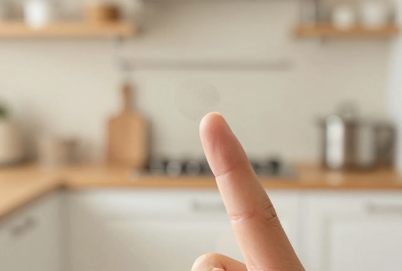 Eine Fingerspitze drückt leicht auf eine Glasscheibe, der feine Abdruck hebt sich vom unscharfen Hintergrund ab