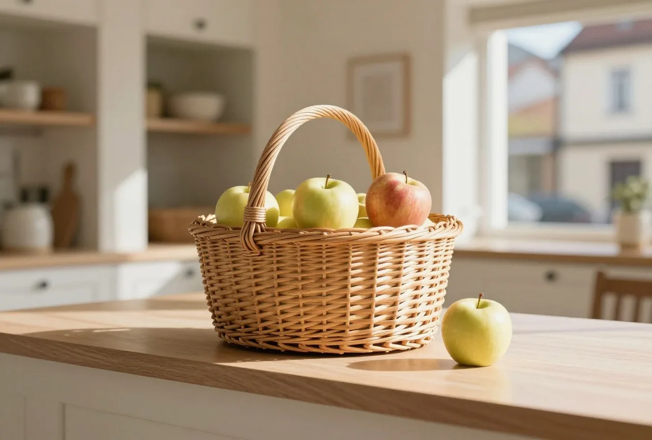 Ein Weidenkorb mit einigen Äpfeln steht auf der Theke eines kleinen, hellen Lebensmittelladens