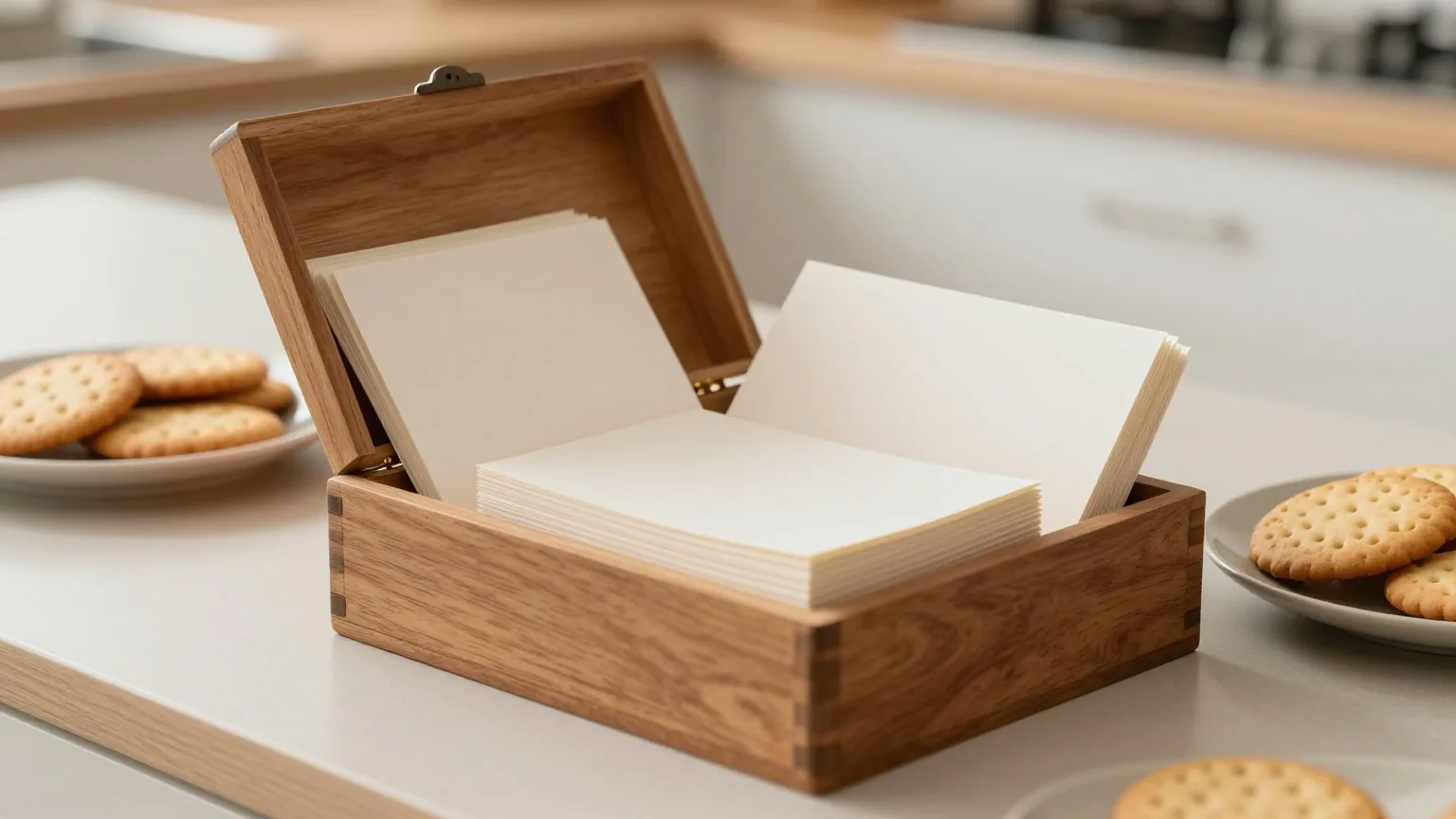 Ein geöffneter Holzkasten mit leeren Karteikarten auf einem Küchentisch, daneben ein Teller mit runden Keksen