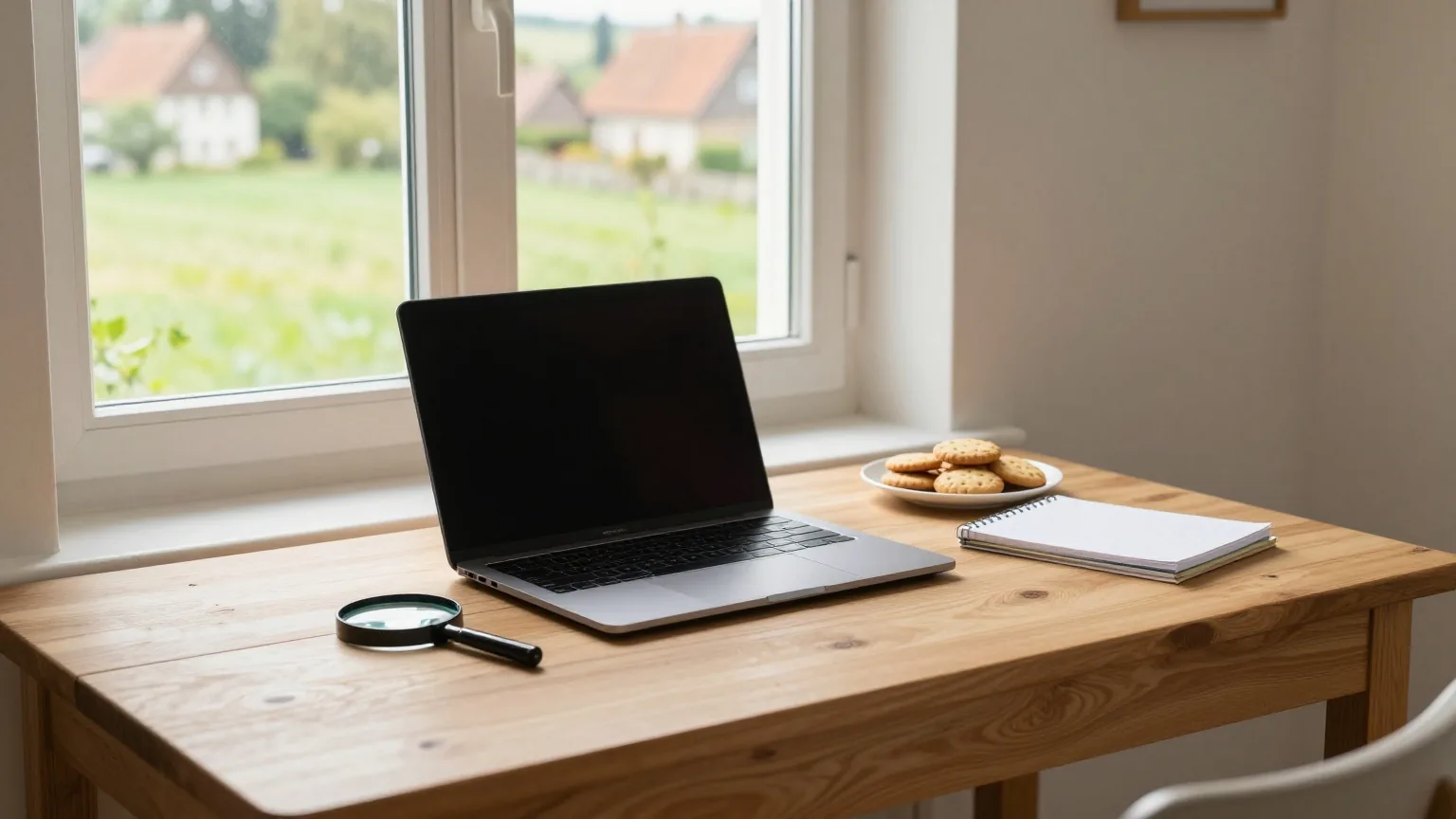 Aufgeräumter Holzschreibtisch am Fenster eines Dorfhauses mit zugeklapptem Laptop, Lupe, Notizblock und Keksen