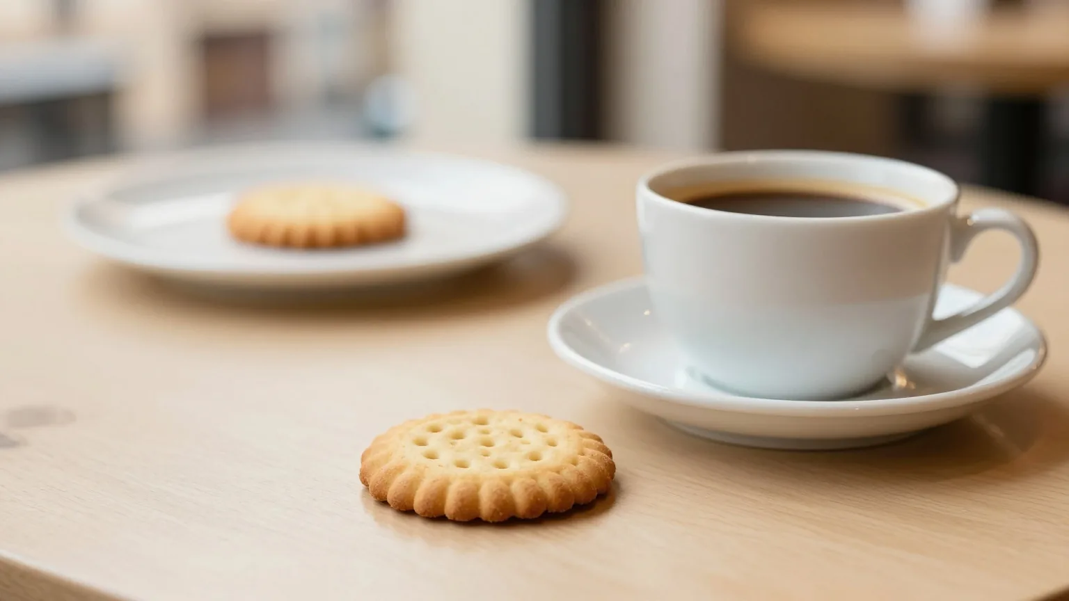 Ein runder Keks neben einer Tasse Kaffee auf einem Cafétisch, ein gleicher Keks liegt unscharf am Nachbartisch